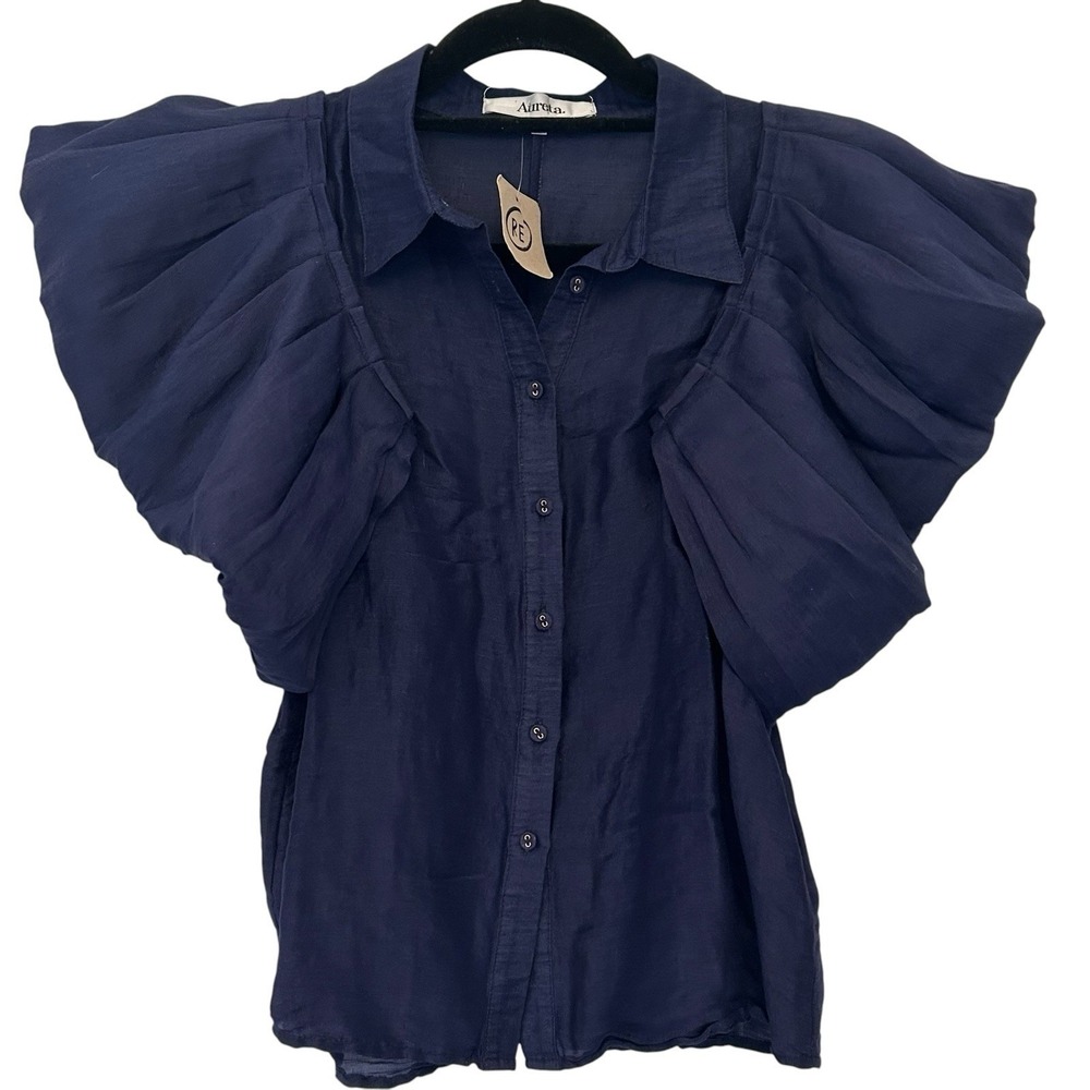 Aureta Studio Stella Blouse S Navy Blue Linen Silk Puff Sleeves Top Luxury Drama - Picture 2 of 13